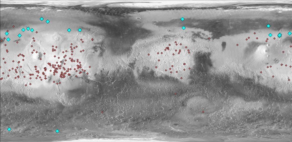NASA image: Locations of Ice-Exposing Fresh Craters on Mars