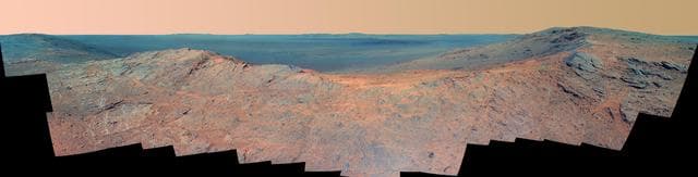 NASA image: Pillinger Point Overlooking Endeavour Crater on Mars False Color
