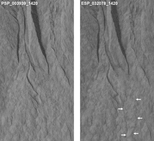 NASA image: Changes Near Downhill End of a Martian Gully
