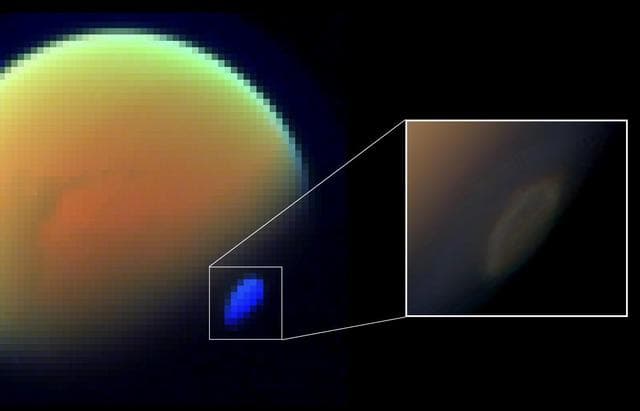 NASA image: Spectral Map of Titan with Polar Vortex
