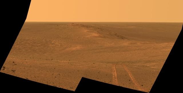 NASA image: Rover Tracks in Northward View Along West Rim of Endeavour