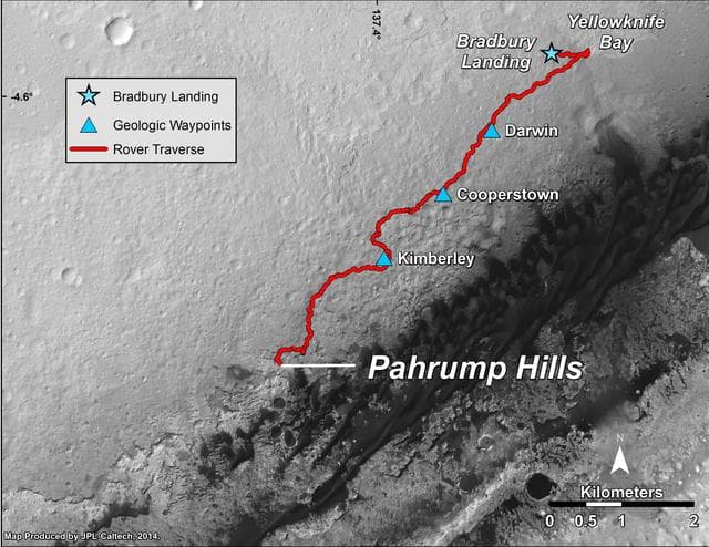 NASA image: Curiosity Mars Rover Route from Landing to Pahrump Hills