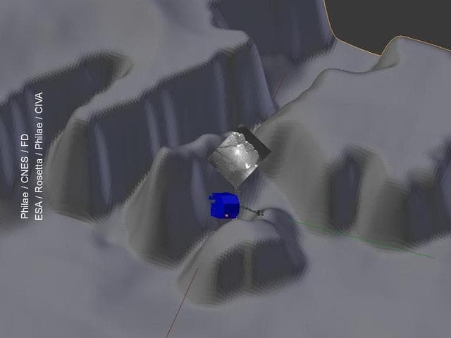 NASA image: Philae Lander Setting on Comet, with Cliff-Image Inset