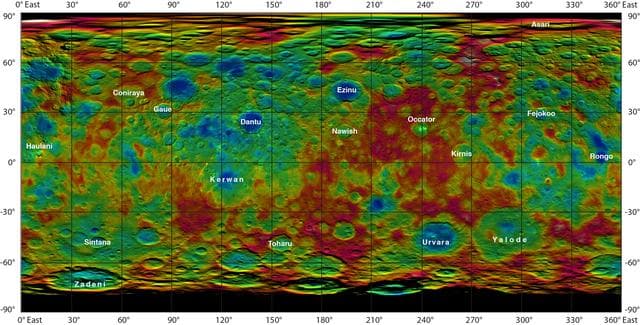 NASA image: Topographic Ceres Map With Crater Names
