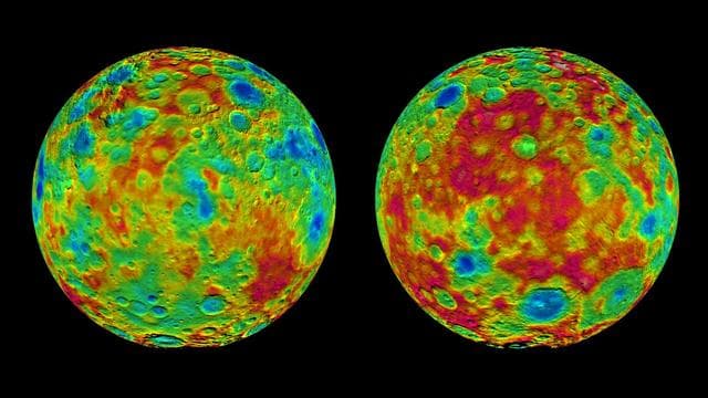 NASA image: Topographic Maps of Ceres East and West Hemispheres