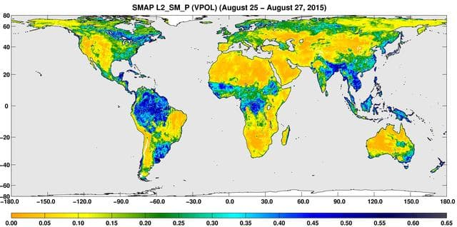 NASA image: SMAP Global Map of Surface Soil Moisture Aug. 25-27, 2015