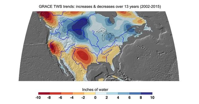 NASA image: Cumulative Total U.S. Freshwater Losses as Seen by NASA GRACE, 2002-15