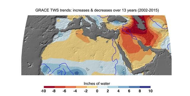 NASA image: Cumulative Total Middle East/North Africa Freshwater Losses as Seen by NASA GRACE, 2002-15