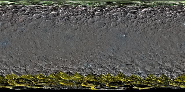 NASA image: Colorized Map of Ceres Mercator Projection