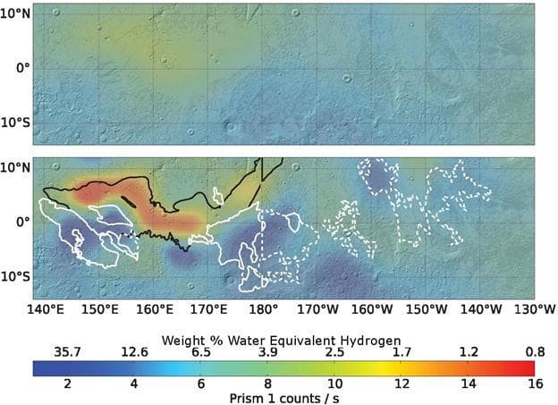 NASA image: Analysis Sharpens Mars Hydrogen Map, Hinting Equatorial Water Ice