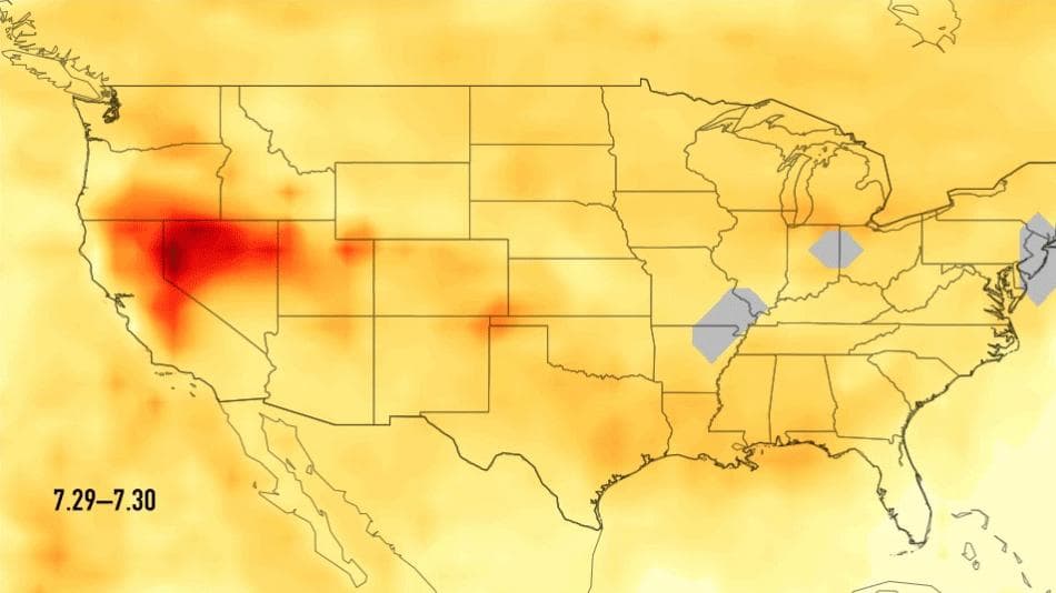 NASA image: Carbon Monoxide Transport from California Wildfires, July 30-August 7, 2018
