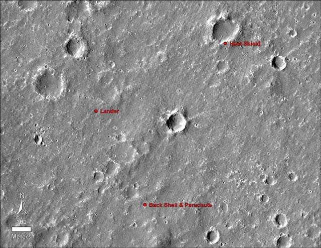 NASA image: Locations of InSight, its Heat Shield and its Parachute