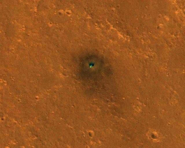 NASA image: InSight Seismometer's Wind and Thermal Shield Seen from Space