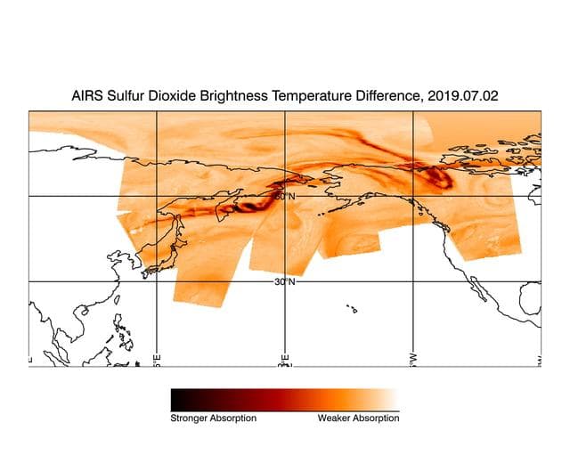 NASA image: NASA's AIRS Displays Sulfur Dioxide Plumes After Raikoke Eruption, June 2019