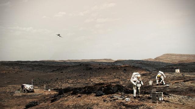 NASA Astronauts on Mars With Helicopter (Illustration)