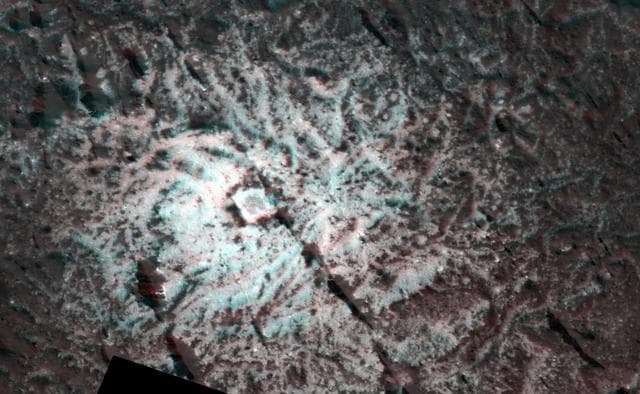 NASA image: Dawn Stereo Anaglyph of Hydrothermal Pits and Domes in Occator Crater, Ceres