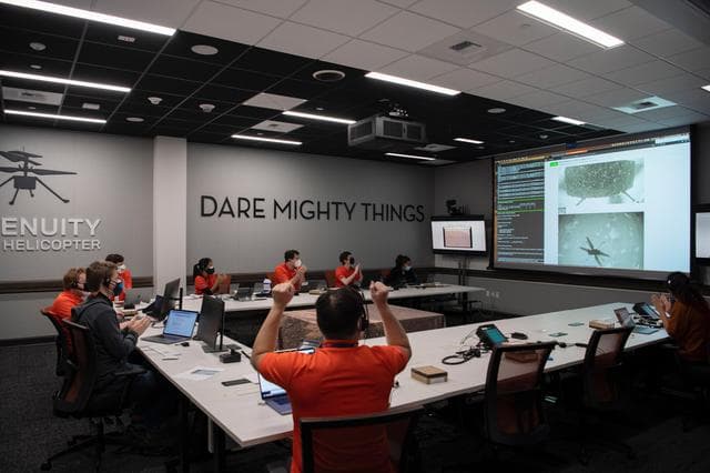 NASA image: Ingenuity's Team Reacts to Data Showing Helicopter Completed Its Second Flight