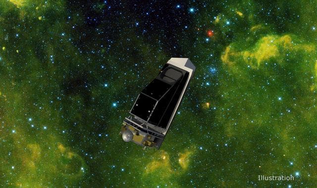NEO Surveyor in an Infrared Starfield Filled With Asteroids (Illustration)