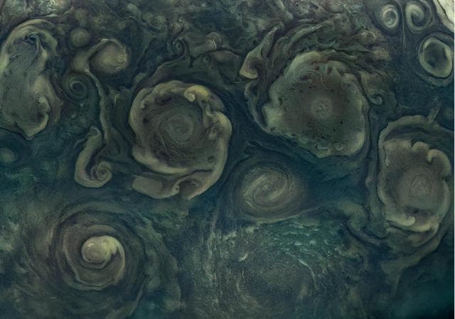 NASA image: NASA's Juno Views Northern Cyclones on Jupiter