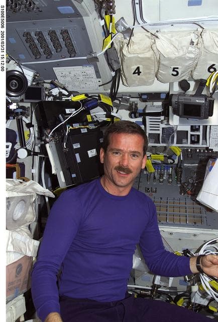NASA image: MS Hadfield poses on the aft flight deck of Endeavour