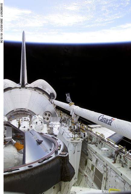 NASA image: Endeavour's payload bay with the Raphaello module and Canadarm 2