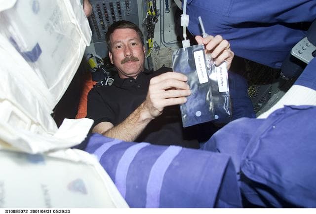NASA image: Commander Rominger chooses between tea or coffee on the middeck of Endeavour