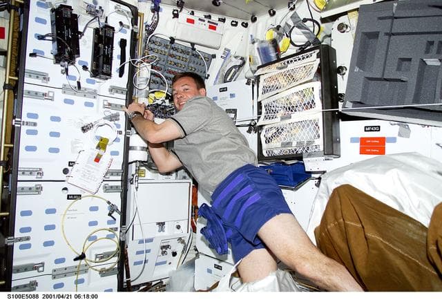 NASA image: MS Lonchakov drifts by the galley on the middeck of Endeavour
