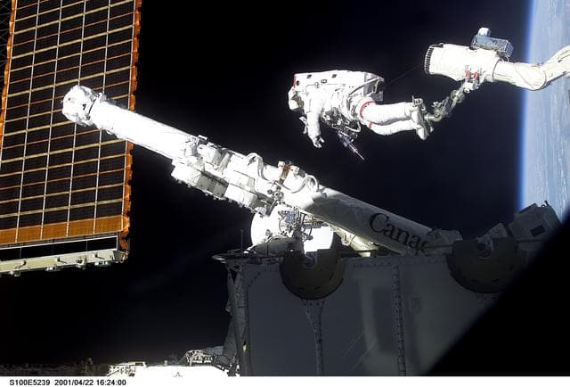NASA image: MS Hadfield works on the SSRMS in the SLP during the first EVA for STS-100
