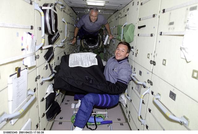 NASA image: MS Lonchakov and MS Phillips work with an IMAX film magazine bag in Zarya