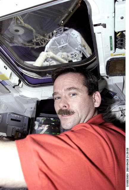 NASA image: MS Hadfield works at the RMS controls on the flight deck of Endeavour during RMS handshake