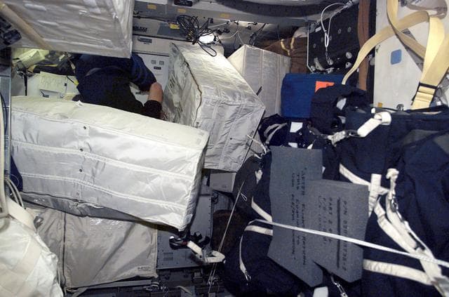 NASA image: Cargo transfer and stowage bags in Endeavour's MDK during STS-111 UF-2 transfer OPS to ISS