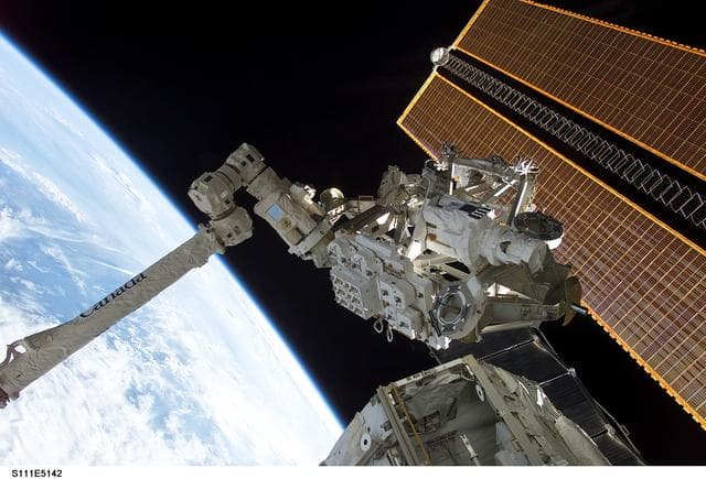NASA image: MBS grappled to the Canadarm2 SSRMS during STS-111 UF-2 installation OPS on the ISS truss structure