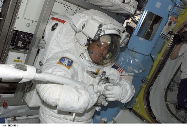 NASA image: MS Wolf in airlock prior to EVA 3
