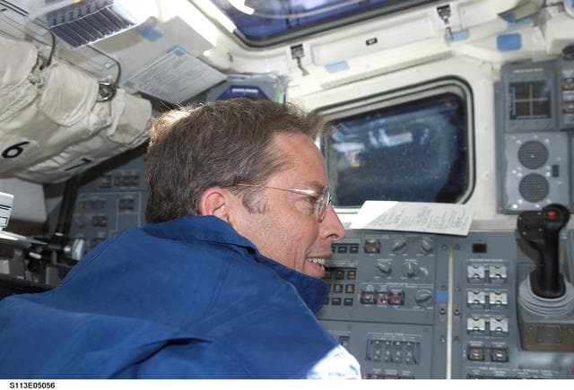 NASA image: CDR Wetherbee on AFD during ISS Rendezvous Operations during Rendezvous and Docking for STS-113
