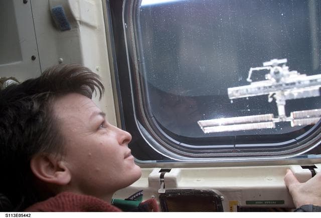 NASA image: Whitson views the ISS from an AFD window on Endeavour following STS-113 undocking
