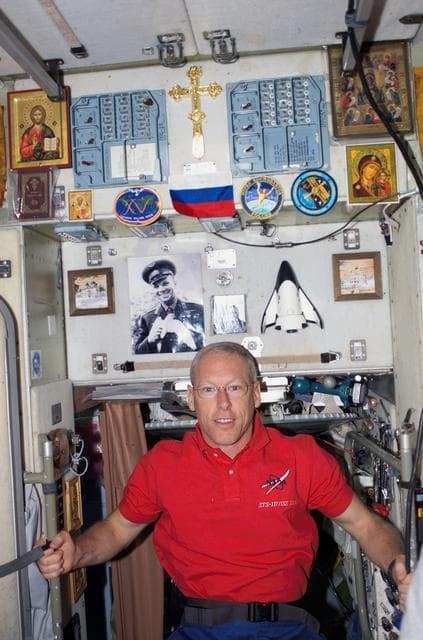 NASA image: Forrester poses in the hatch area of the SM during Joint Operations