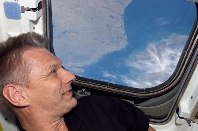 NASA image: Sellers looks at the Earth from the orbiter AFD during STS-121 / Expedition 13 joint operations