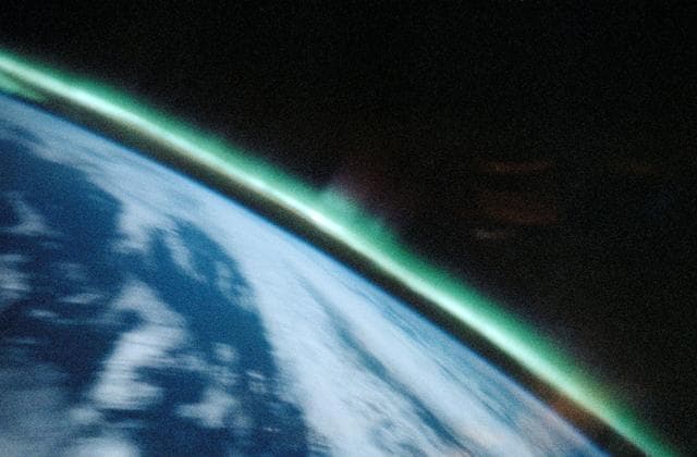 NASA image: Aurora Australis, Spiked, Sinuous Green Airglow