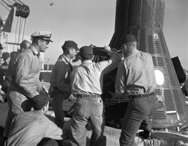NASA image: Recovery - Mercury-Redstone (MR)-2 - Loaded on Ship - Chimp "Ham"