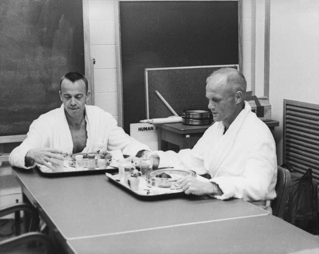 NASA image: Astronauts Shepard and Glenn - Breakfast - Pre-Mercury-Redstone (MR)-3 Flight - Cape