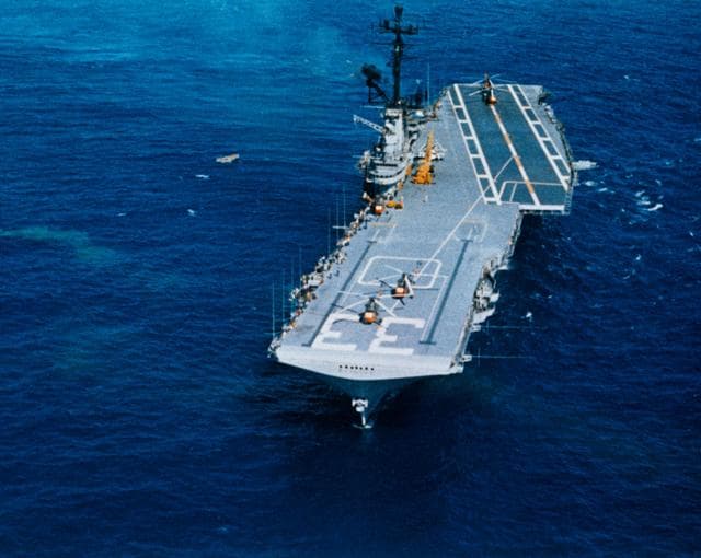 NASA image: Aerial view of the U.S.S. Kearsarge, recovery ship for the Mercury-Atlas 8 mission.