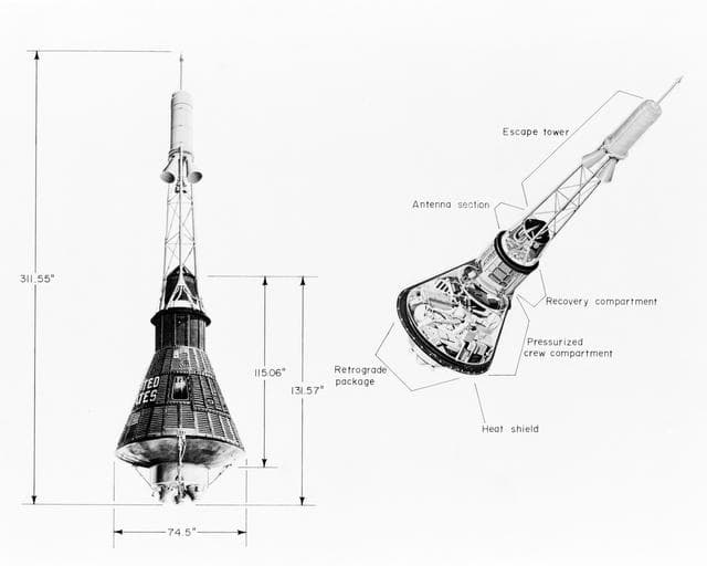 NASA image: MERCURY SPACECRAFT - MEASUREMENTS - CUTAWAY VIEW