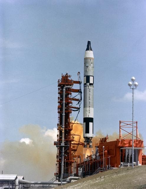 NASA image: Gemini/Titan-II launch vehicle #1 liftoff at Cape Kennedy, Florida.