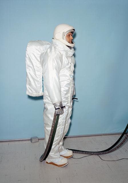 NASA image: Test subject wears Apollo overgarment designed for use on lunar surface