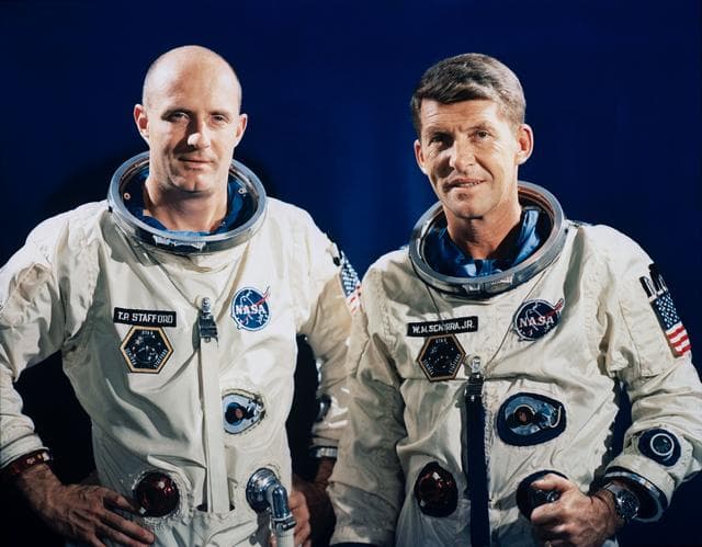 NASA image: Astronauts Stafford and Schirra during suiting up exercises at the Cape