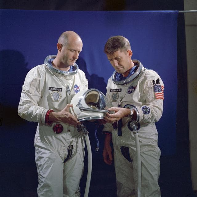 NASA image: Gemini-Titan (GT)-6 - Training - Prime Crew - Suiting-Up Exercises - Cape