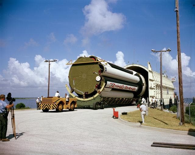 NASA image: APOLLO/SATURN (A/S) 204 - SATURN V THIRD STAGE(S-IVB) ARRIVAL  - BARGE PROMISE - CAPE