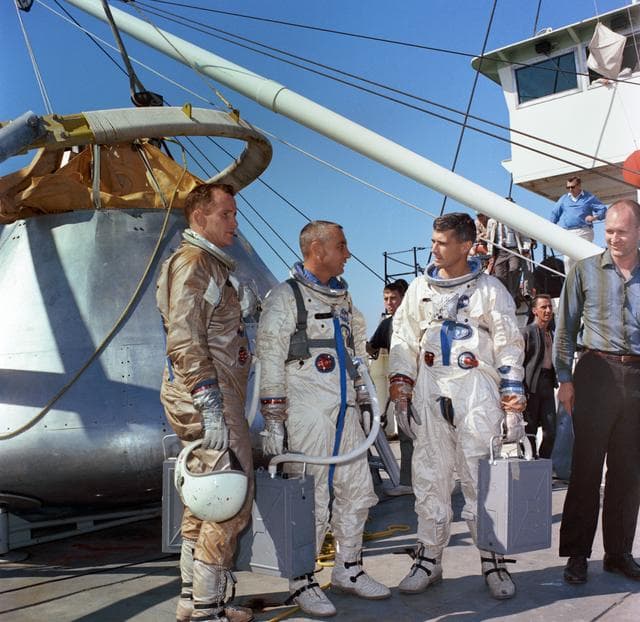 NASA image: Prime crew of Apollo/Saturn Mission 204 prepares for water egress training