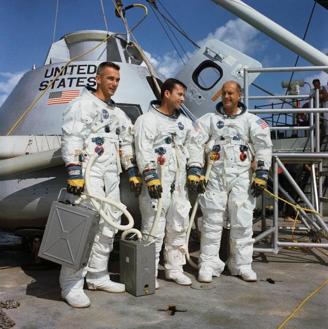 NASA image: Apollo 10 astronauts in space suits in front of Command Module