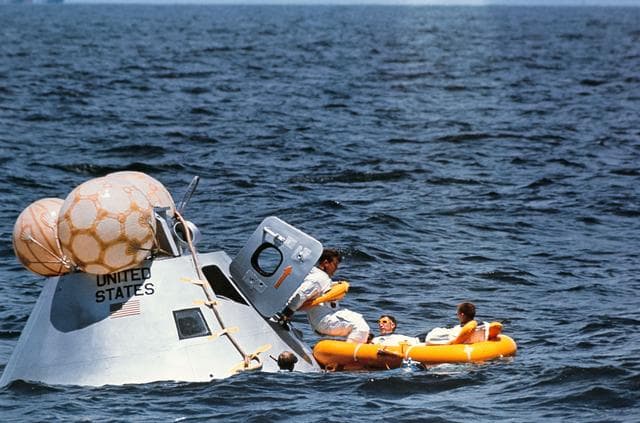 NASA image: Apollo 7 prime crew during water egress training in Gulf of Mexico